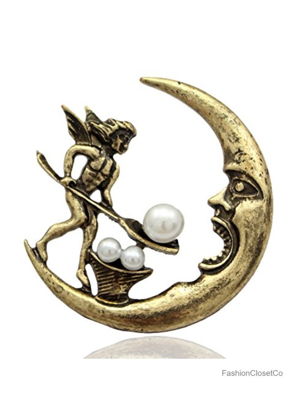 Vintage Tribal Angel Fairy Moon Brooch Pin Simulated Pearl Baroque Lapel